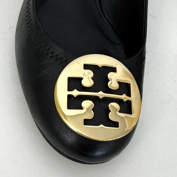 Tory Burch Sally Leather Wedge Pumps Shoes Black Metal Double T Logo 9.5M - Picture 8 of 15